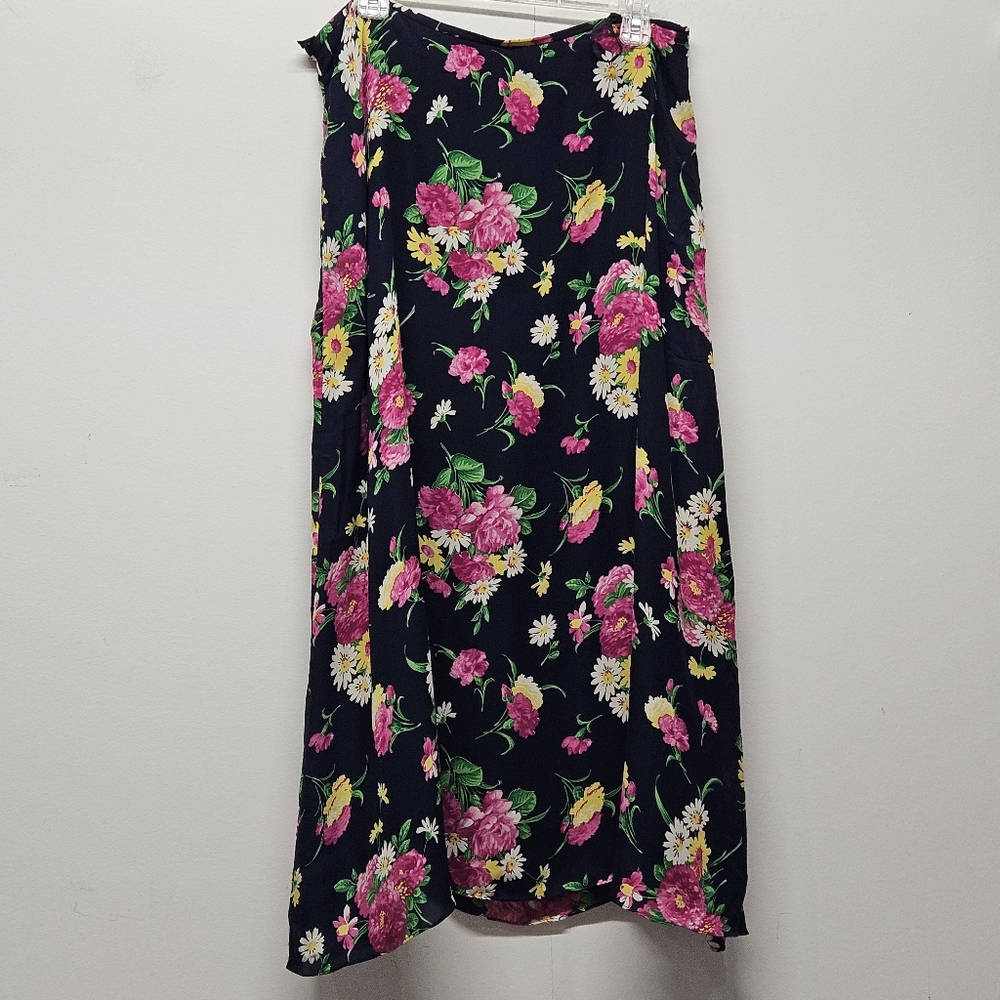Lauren Ralph Lauren Womens Maxi Skirt Size 16 Navy Floral Silk Lined Old Money